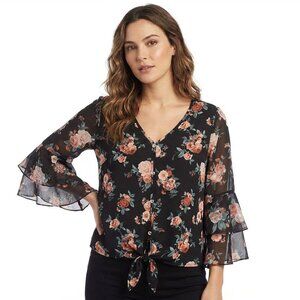Lavender Sky Womens Top L Black Floral Layered Bell Chiffon 3/4 Sleeves V Neck